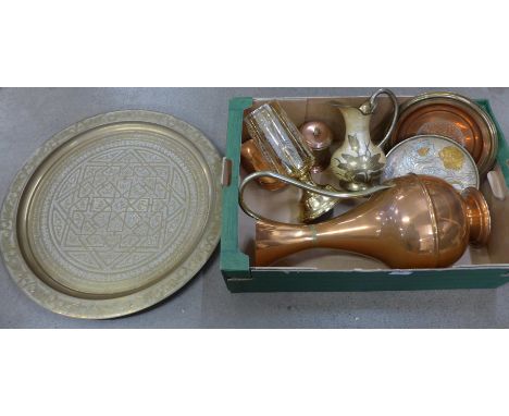 A collection of brass and copper, including a Moroccan tray and an enamel jug **PLEASE NOTE THIS LOT IS NOT ELIGIBLE FOR POST