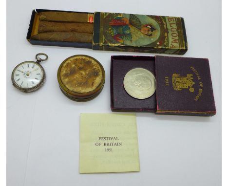 A vintage Coty compact, a/f, an 800 silver fob watch, a/f, three cigars, boxed and a Churchill crown in a 1951 box 