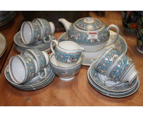 A Wedgwood six-place setting tea service, the turquoise frieze decorated with mythical figures,  printed mark verso, pattern 