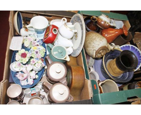 Two boxes of mixed ceramics, to include Goss crested ware and studio pottery