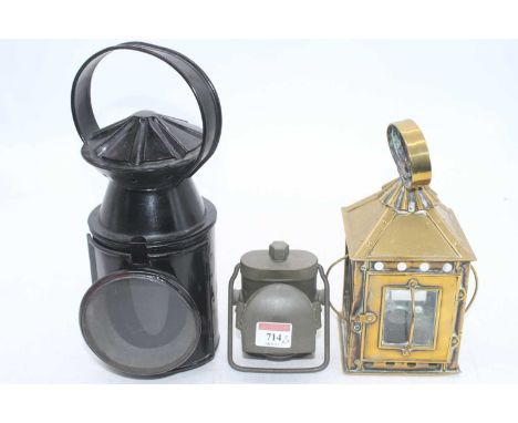 An early 20th century brass hanging lantern, h.22cm; together with a Lucas military lamp; and a vintage carriage lamp 