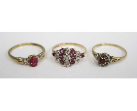 A 9ct gold, ruby and diamond point cluster ring, as a lozenge setting, size M/N; together with a ruby and diamond small clust