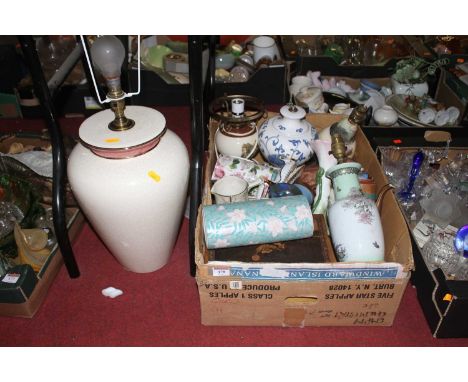 A box of miscellaneous items, to include Jerusalem olive wood puzzle box, Royal Doulton seriesware jug, lamp bases etc 