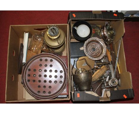 Two boxes of miscellaneous items, to include a pair of 19th century Old Sheffield Plate bottle coasters, oil lamp base, loose
