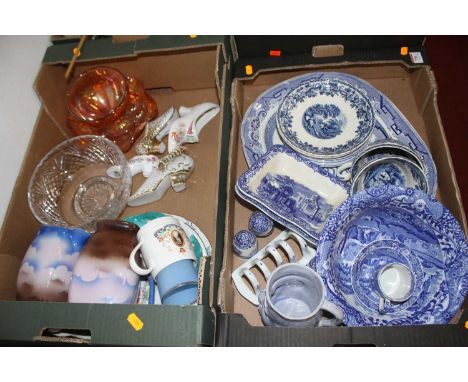 Two boxes of glass and ceramics, to include Spode Italian pattern and carnival glass 