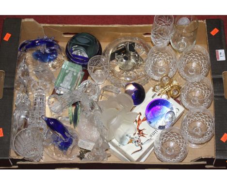 A box of miscellaneous items, to include a Caithness glass paperweight engraved with dolphins, frosted and blue tinted glass 