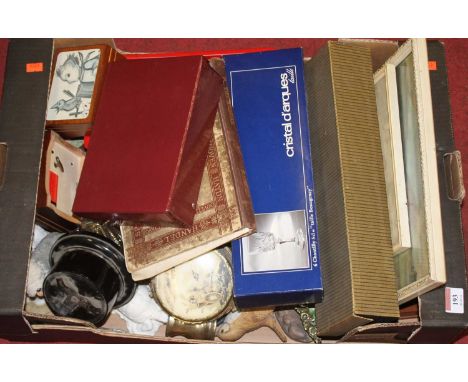 A box of miscellaneous items, to include Homepride plastic figures, boxed crystal glassware, botanical print etc 