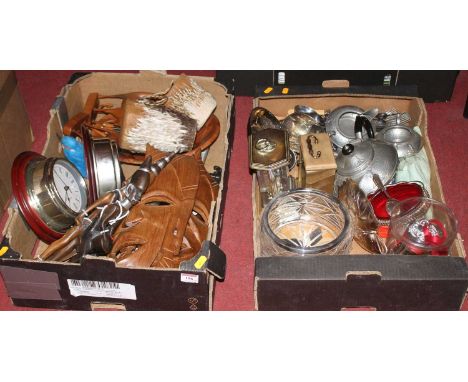 Two boxes of miscellaneous items, to include an Arts &amp; Crafts style hammered pewter three-piece tea set, carriage clock, 