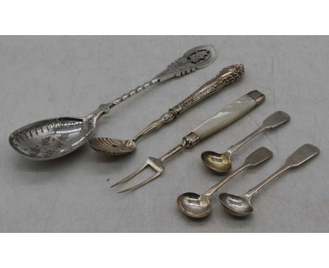 A small collection of silver and white metal flatware, to include 19th century mustard spoons, 19th century silver fork with 