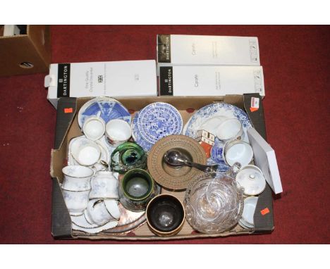 A box of miscellaneous items, to include an early 20th century Bourne Denby vase on a green ground with floral tube-line deco