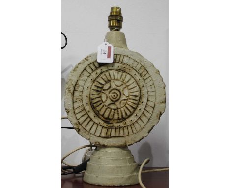 A Bernard Rooke studio pottery table lamp, of slab-sided circular form, having incised geometric decoration, on stepped circu