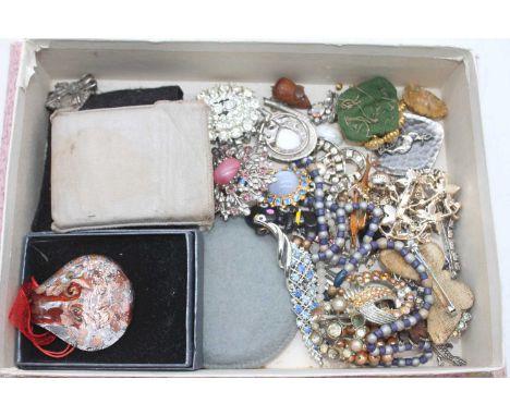 A box of miscellaneous items, to include lady's powder compact, costume jewellery, soapstone carvings etc 