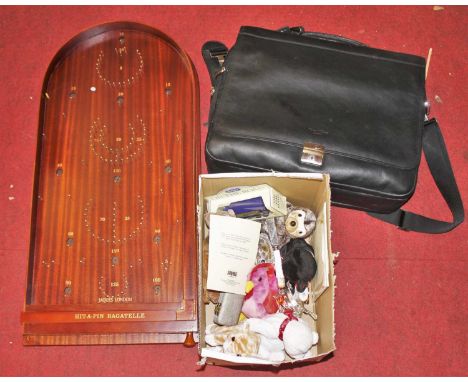 A collection of vintage toys and games, to include a bagatelle board and Joseph Verity black leather satchel 