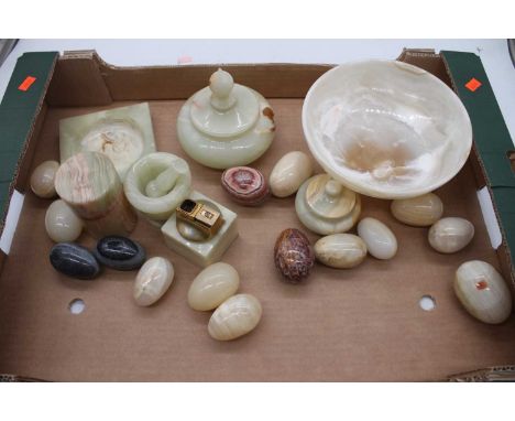 A collection of onyx items, to include table lighter, pestle and mortar, ashtray, decorative eggs etc 