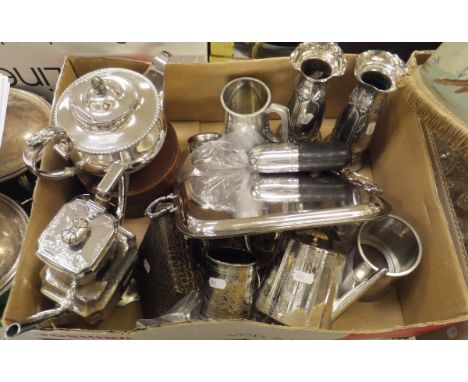  A box of assorted plated wares, three piece tea set, coffee pot, hip flask, pair of Art Nouveaustyle vases, toast rack, knif