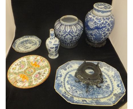 A collection of Chinese blue and white wares including a dragon decorated jar and cover, floral spray decorated vase, a balus