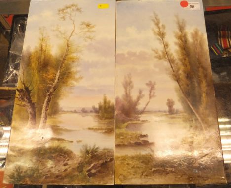 Two English ceramic tiles painted with a river landscape and woodland, unsigned, a selection of Royal Shakespeare Company pro
