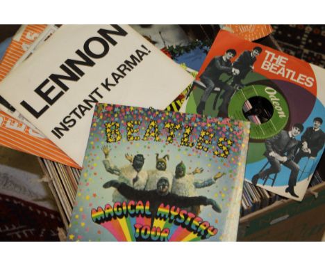 A box of various records to include The Beatles "Magical Mystery Tour" (EP), The Beatles "Twist and Shout" (EP mono), "Let it