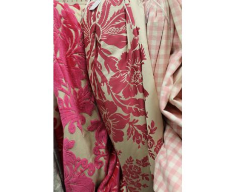A single interlined curtain, the neutral ground with bright pink flock pattern, together with a pair of similarly patterned c
