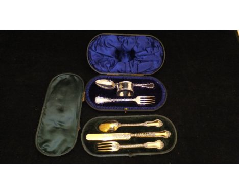 A case of Victorian silver gilt Christening set comprising knife fork and spoon (London 1865) by George W Adams (Trauncer and