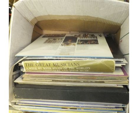 Three boxes of various sundries to include LP records - Rod Stewart "Atlantic Crossing" (inner sleeve only), Godspell, etc, a