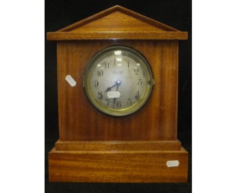 A mahogany cased mantle clock, the eight day movement by Seth Thomas with Sonora chime and silver dial with Arabic numerals