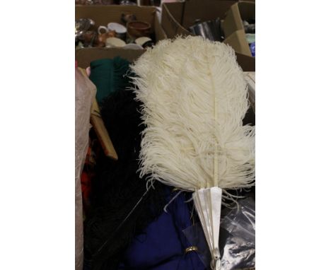 A box of assorted vintage clothing, together with two modesty fans, one with tortoiseshell frame, the other mother of pearl