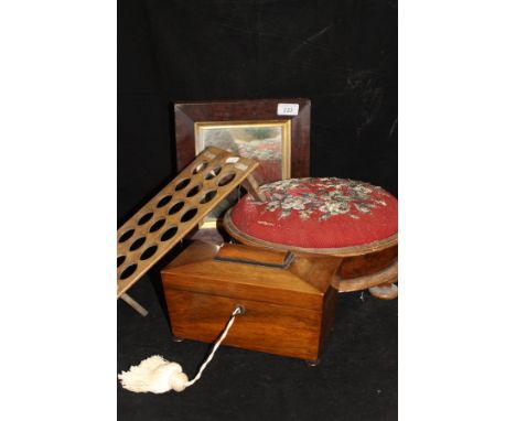 A Victorian rosewood two section sarcophagus shaped tea caddy, a bead and needlework seated walnut footstool, mahogany framed