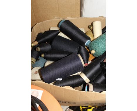 Five boxes containing various yarns, some on wooden bobbins, various bundles of raffia and an assortment of vintage books to 