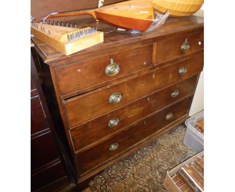 A 19th Century mahogany fruitwood square front chest with brass escutcheons and handles, raised on bracket feet