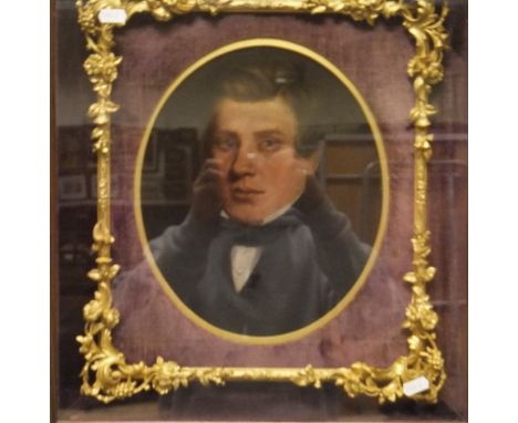 19TH CENTURY ENGLISH SCHOOL "Gentleman in black coat and black tie", a portrait study, oil, within an ornate giltwood and ges
