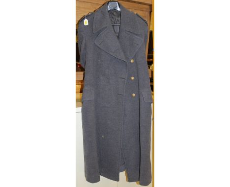 A RAF Great Coat and a British Army issue patent canvas British Army Patent X bed (1942 oak and canvas)