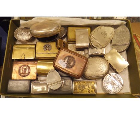 A box containing assorted Victorian and later snuff boxes of various forms to include oval,curved form, rectangular form with