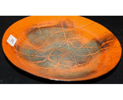 A circa 1960 enamelled Ymuiden steel dish with orange and blue enamel design by Carla and Richard Braun of Breukelen, Netherl