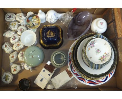 Two boxes of various china including trinket boxes, smoked glass and brass candlesticks, vases, vintage garden sprayer etc ca