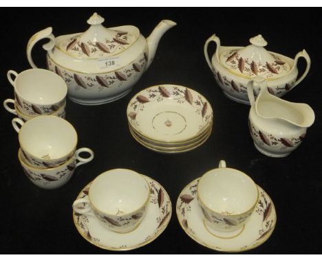 A 19th Century New Hall type foliate decorated tea set comprising teapot, sucrier and jug, together with six cups and saucers