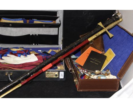A collection of Masonic regalia including a small case containing leather pouch inscribed "Bro T Wales Brunswick Lodge No 159