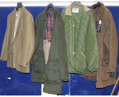 A collection of coats to include a Barbour Classic Northumbrian, a Schöffel raincoat, etc, together with two tweed blazers, o