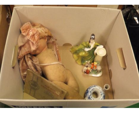 A box containing Royal Doulton "Secret Thoughts" figurine (HN 2382), vintage composition headed 'Doll' with cloth body, Goebe