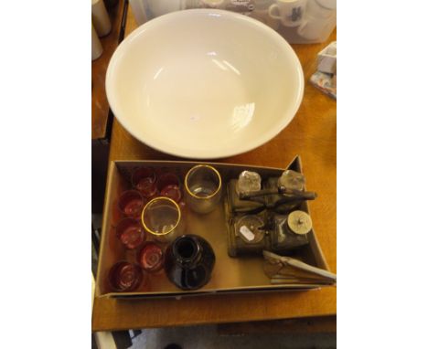 A box of various china wares including a pair of Staffordshire figures, Mason's ironstone tea caddy, commemorative china, two
