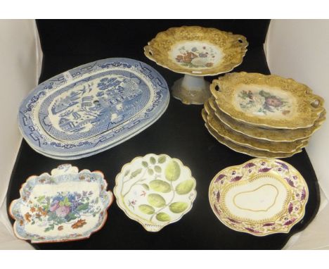 Two 19th Century blue and white transfer decorated "Willow" pattern meat dishes and a Swansea "Willow" pattern strainer, toge