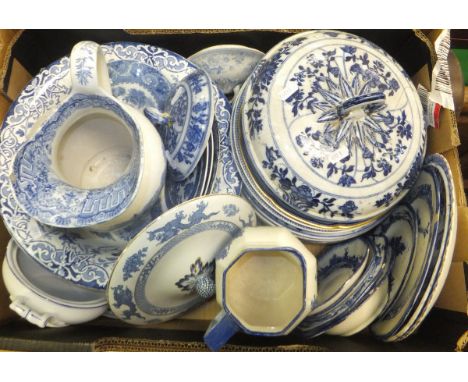 A box of various blue and white ware china and two boxes of various vintage tins