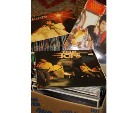 Three boxes of various LP records and singles to include The Beatles "White Album", No. 0501352, "Help!", "1967-70", Bruce Sp