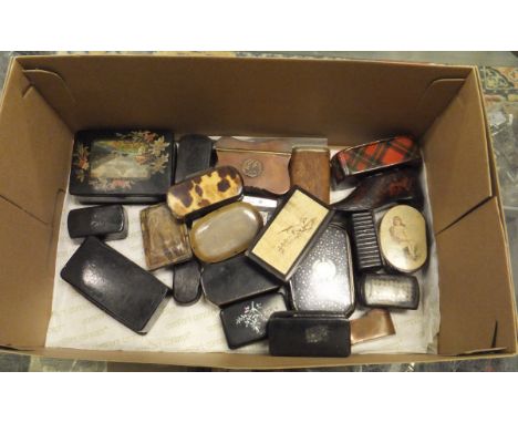 A box containing assorted snuff boxes to include one with Mother of Pearl set decoration, a tartan ware example, a Niello flo