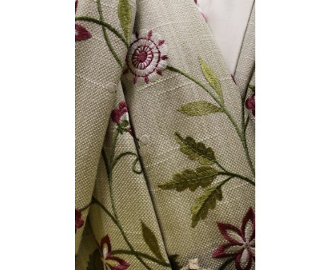 Three pairs of cotton interlined curtains, the grey ground with embroidered green and pink foliage CONDITION REPORTS Length 6