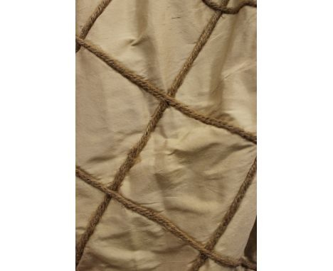 Three pairs of cream shot silk interlined curtains with string lattice decoration CONDITION REPORTS Length - 7ft by 5ft wide.