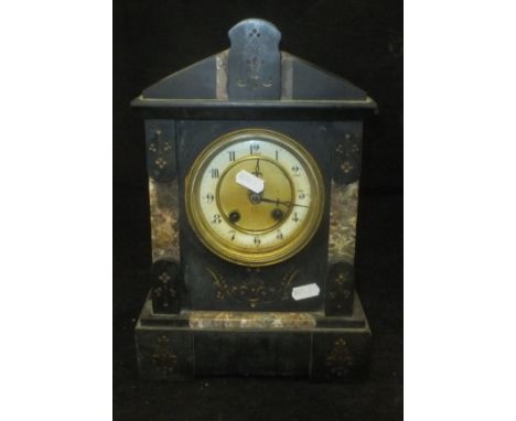 A Victorian slate and marble cased mantle clock, the eight day French movement with circular dial and Arabic numerals
