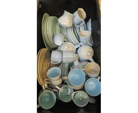 Three boxes of various dinner wares to include Wedgwood, Poole "Twin Tone", Branksome, Midwinter, etc