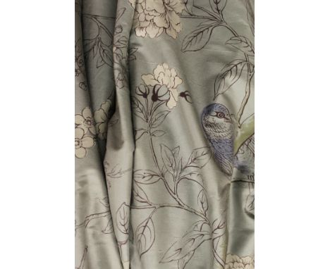 Two pairs of pale green / blue silk interlined curtains decorated with birds amongst blossoming foliage CONDITION REPORTS Len