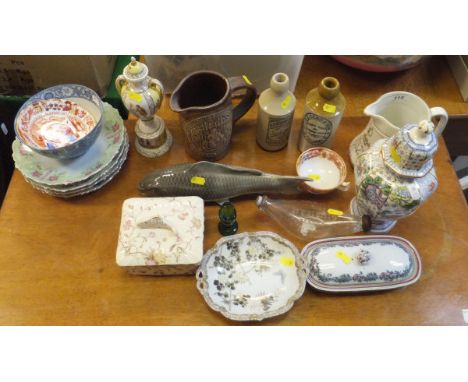 A collection of decorative china wares to include an Oriental porcelain model of a fish, a Davenport pottery toothbrush dish,